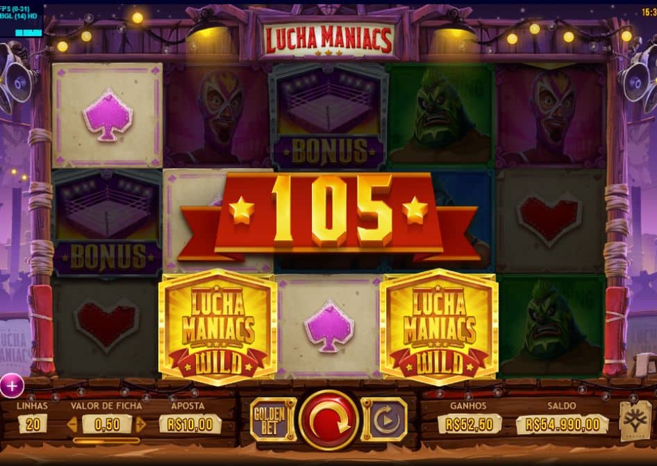Slot Lucha Maniacs com símbolos WILD, bônus e ganho de 105 nos rolos.