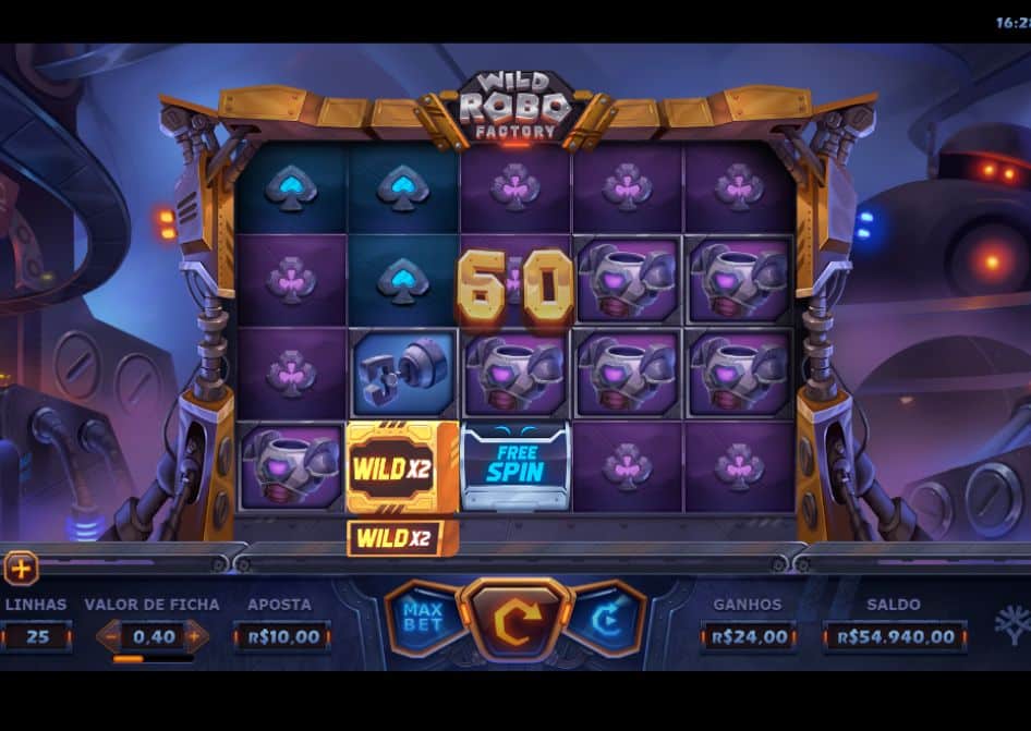 Slot Wild Robo Factory com símbolos WILD, Free Spin e ganho de 60 nos rolos.