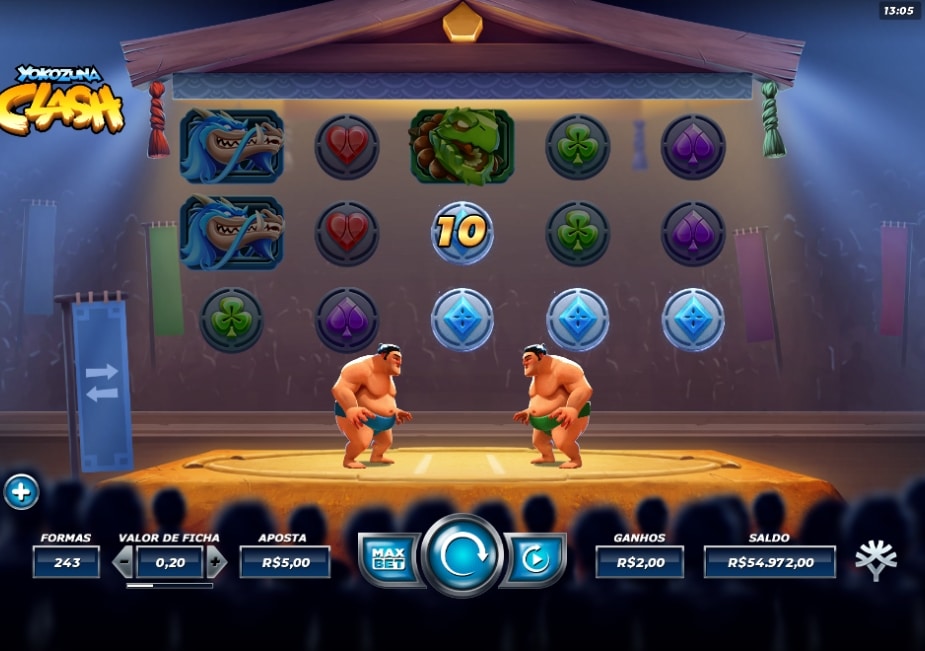 Slot Yokozuna Clash com rolos e lutadores de sumô na tela.