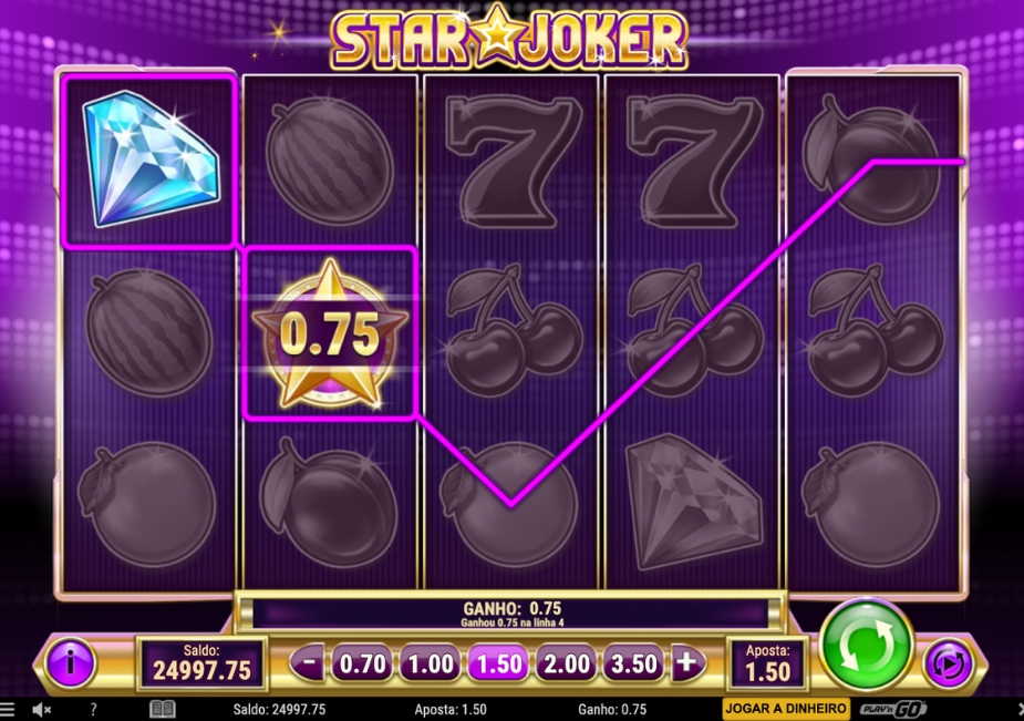 Tela do slot Star Joker com estrela WILD e uma linha de pagamento destacada nos rolos.