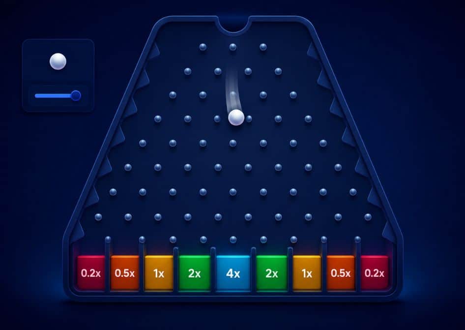 Bolinha caindo entre os pinos do tabuleiro no jogo Plinko online.