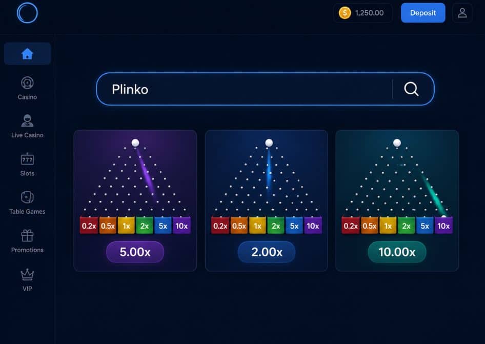 Barra de pesquisa de cassino online com a palavra Plinko digitada para encontrar o jogo.