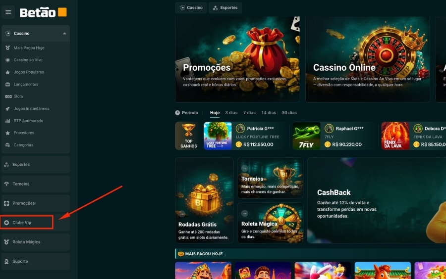 Área do Clube VIP na Betão mostrando acesso ao Clube de Vantagens Betão Bet