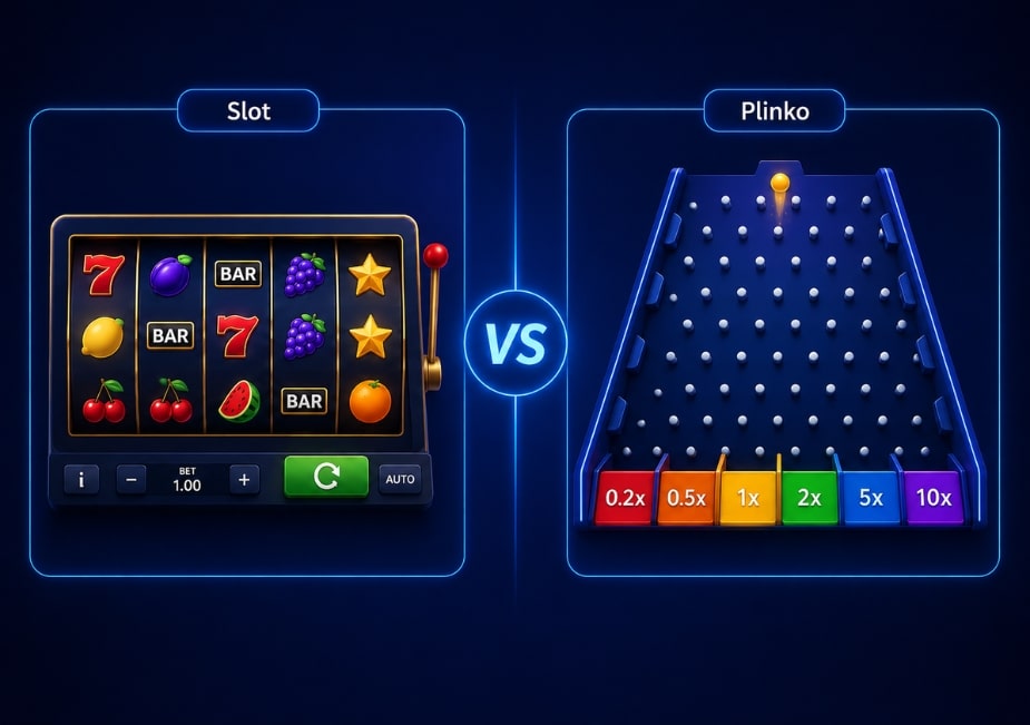 Comparação visual entre um slot com rolos e o jogo Plinko com bolinha, pinos e multiplicadores.