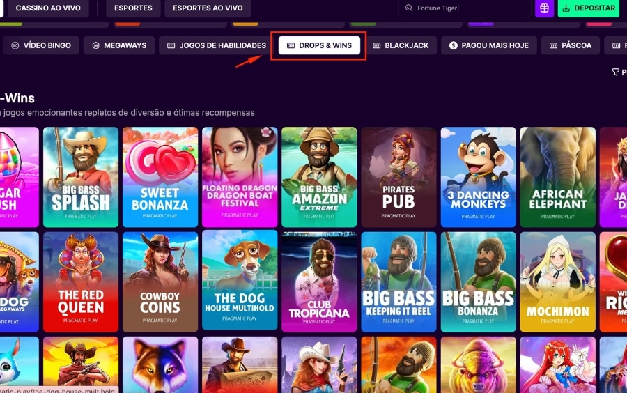 Aba Drops & Wins da MaximaBet mostrando slots participantes da promoção no cassino online