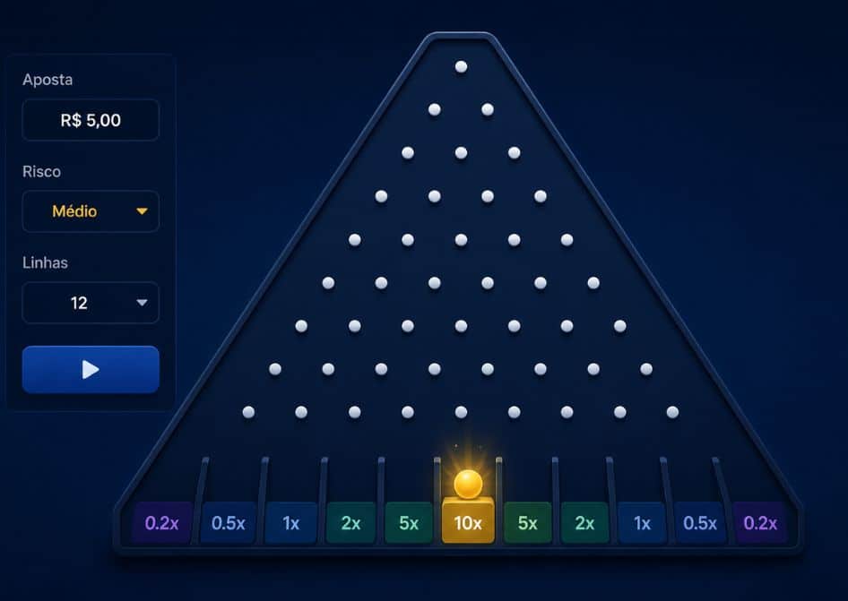 Bolinha parada na base do tabuleiro Plinko em um multiplicador final de 10x.