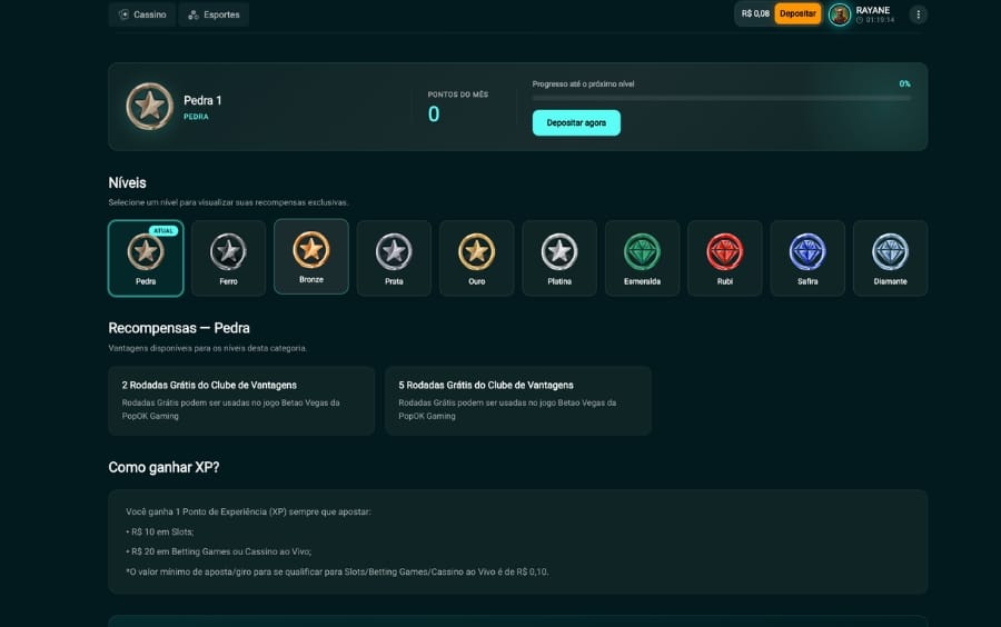 Tela do Clube de Vantagens Betão Bet mostrando nível atual, pontos e progresso do jogador