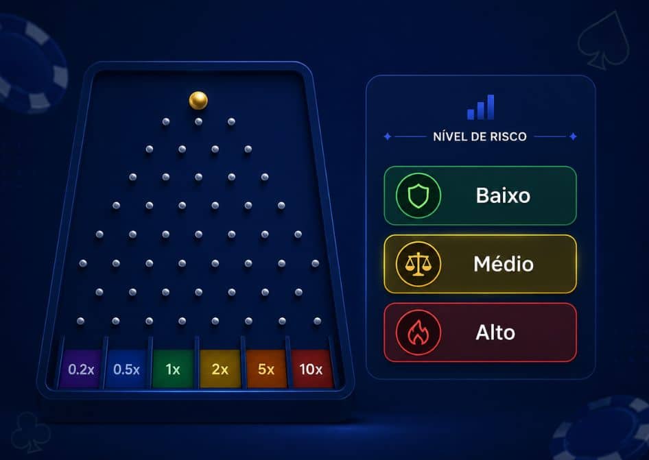 Interface do Plinko com opções de nível de risco baixo, médio e alto.