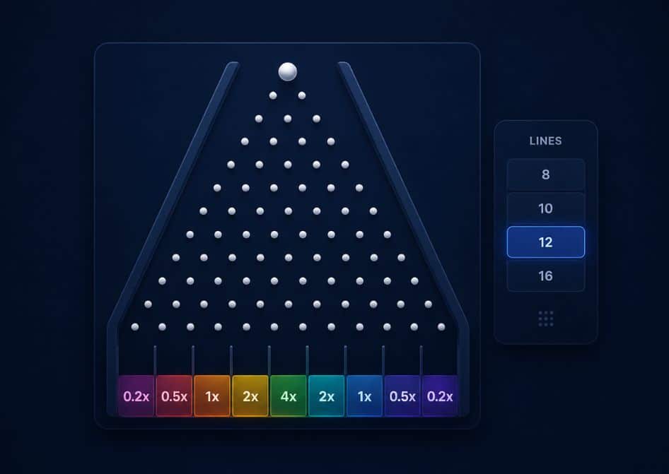 Tabuleiro do jogo Plinko com pinos e opção para escolher o número de linhas da pirâmide.