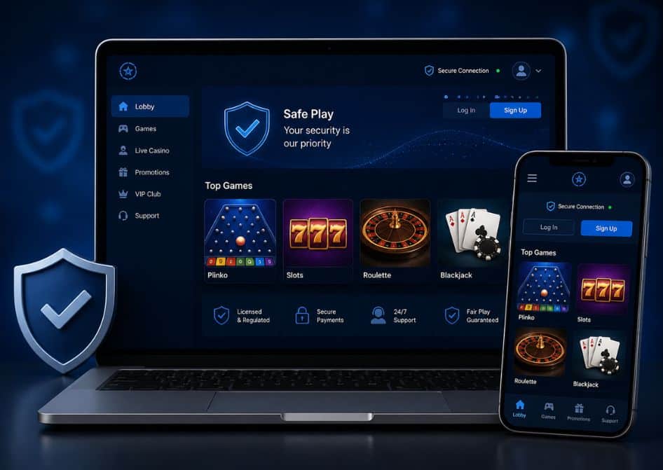 Tela de cassino online em notebook e celular para escolher uma plataforma confiável para jogar Plinko.