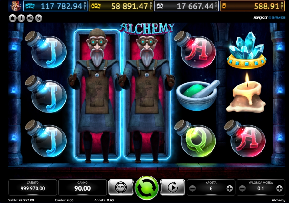 Tela do slot Alchemy da Kajot Games com símbolos de alquimistas, poções, cristais, vela e interface de jogo.
