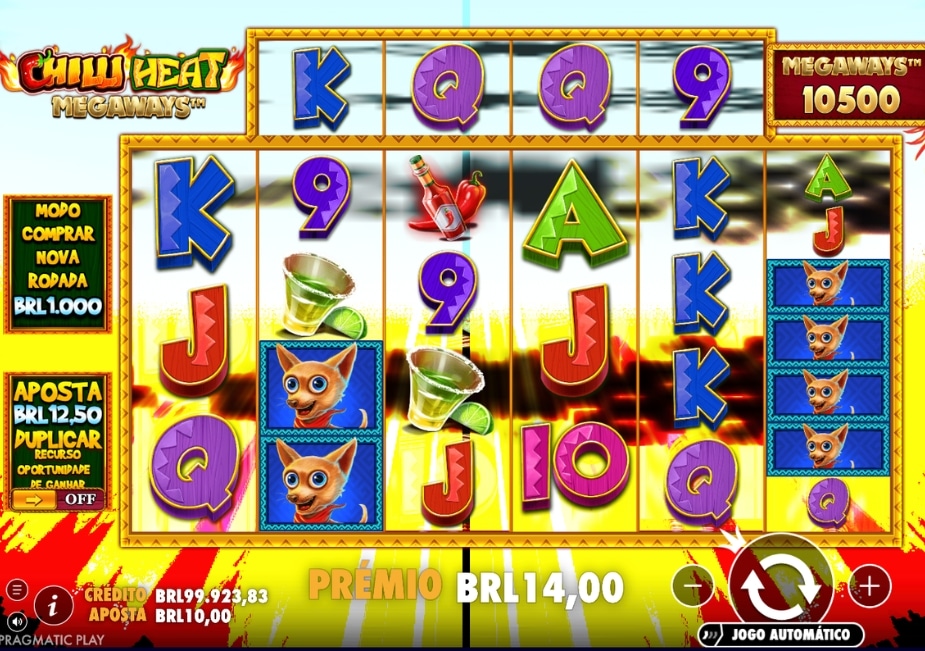 Tela do slot Chilli Heat Megaways com símbolos mexicanos, Megaways e prêmio em reais.