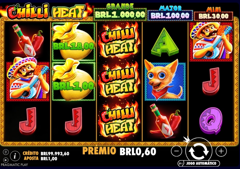 Tela do slot Chilli Heat mostrando símbolos mexicanos, Money, jackpots e prêmio em reais.