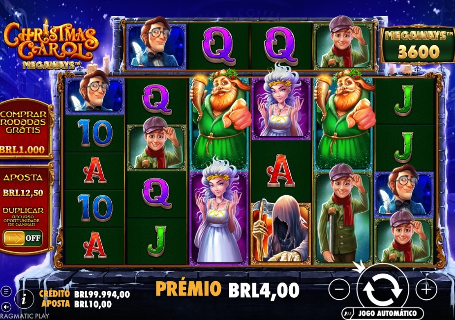 Tela do slot Christmas Carol Megaways com símbolos, prêmio e interface em português.