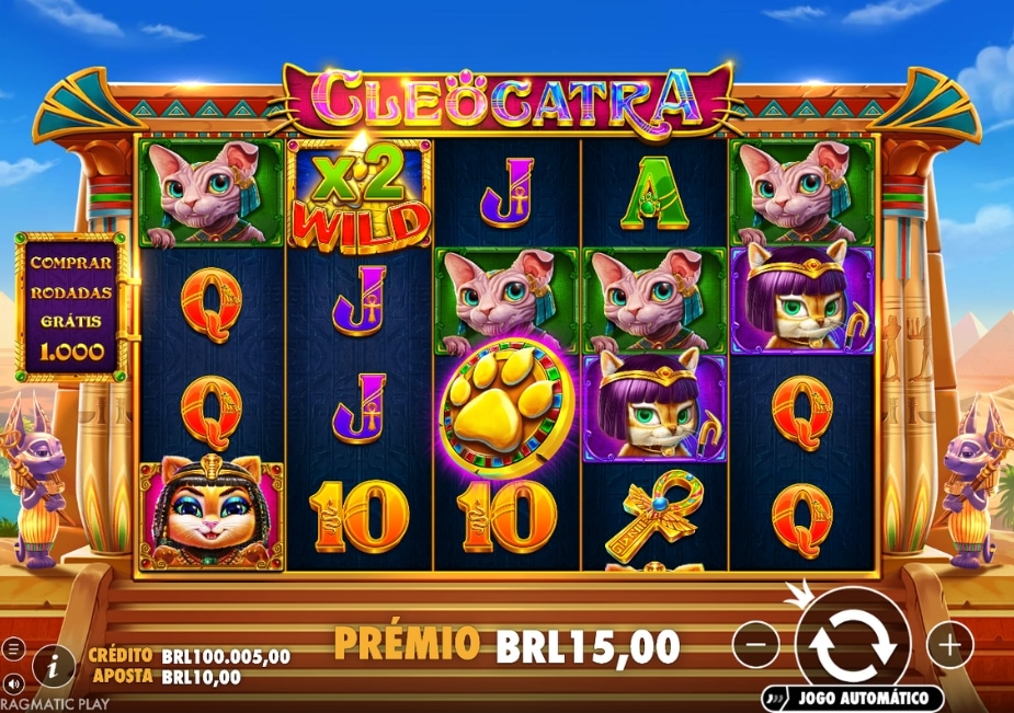 Tela do slot Cleocatra com símbolos felinos, Wild x2 e interface em português.
