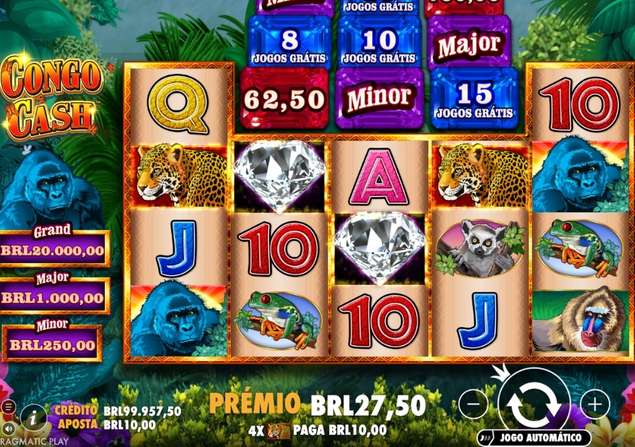 Tela do slot Congo Cash com símbolos de animais, diamantes, jogos grátis e interface em português.