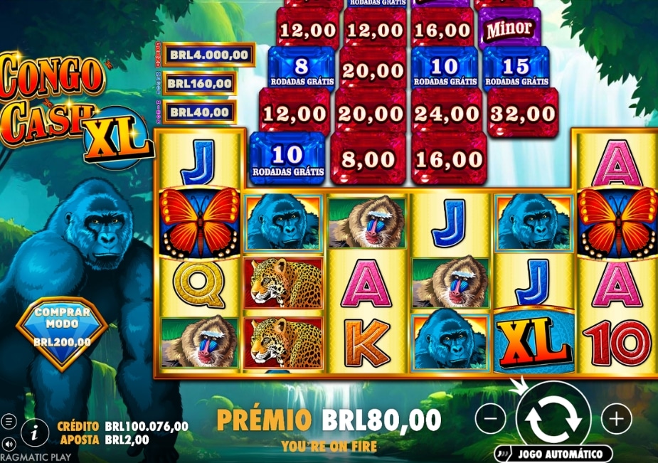 Tela do jogo de caça-níqueis "Congo Cash XL" com tema de selva e um gorila azul em destaque.