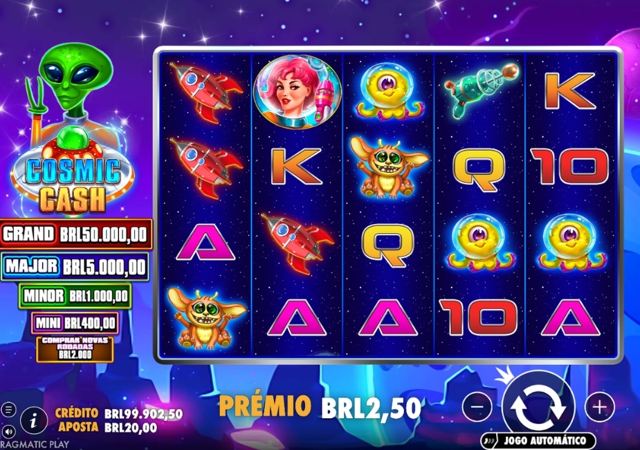 Tela do jogo de caça-níqueis "Cosmic Cash" com tema espacial, mostrando um alienígena verde e símbolos de foguetes e astronautas.