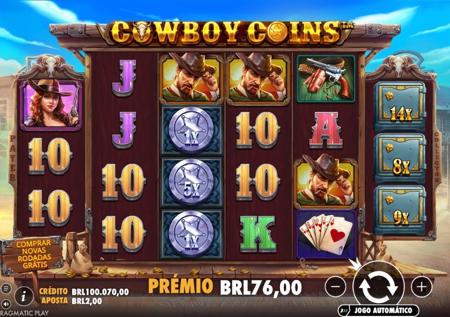 Tela do jogo de caça-níqueis "Cowboy Coins" com tema de Velho Oeste, mostrando cowboys, estrelas de xerife e cofres.