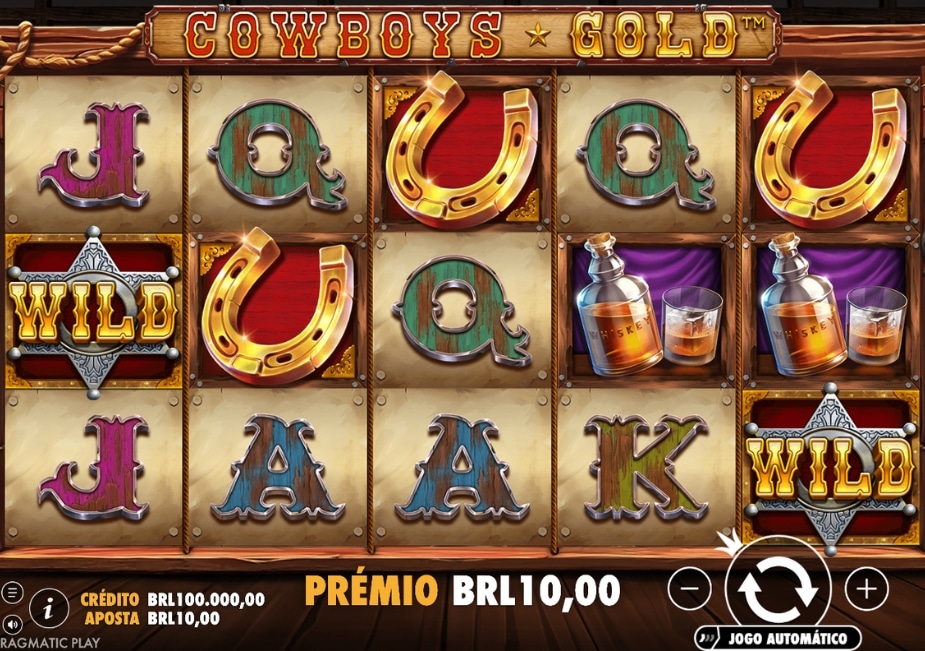 Jogo de caça-níqueis "Cowboys Gold" com tema de Velho Oeste.