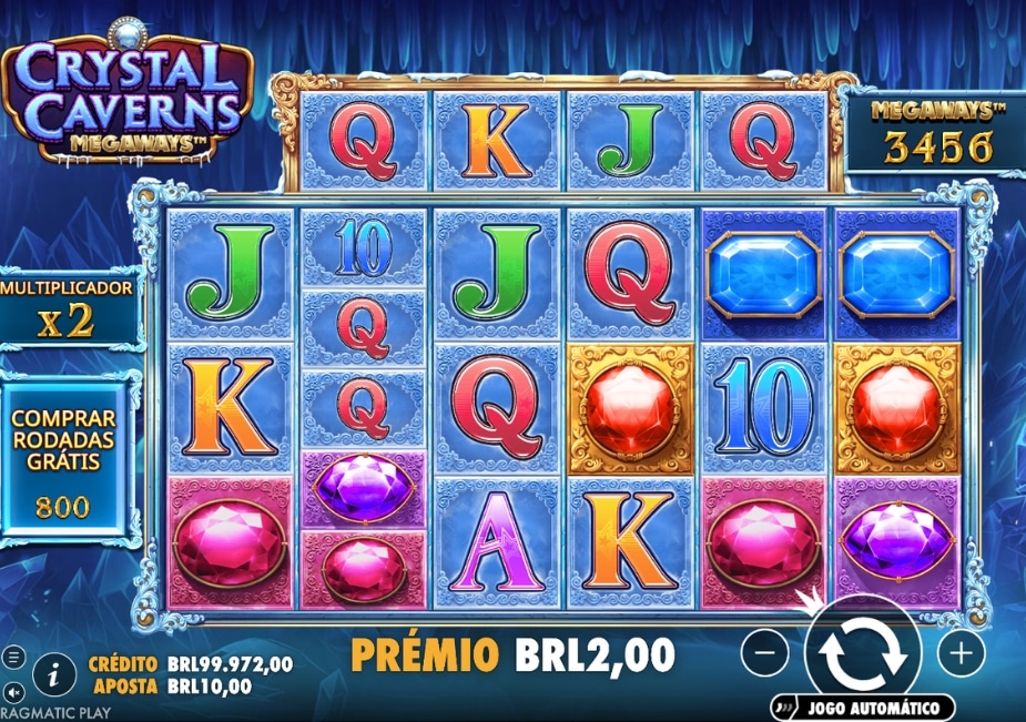 Jogo de caça-níqueis "Crystal Caverns Megaways" com tema de cristais.