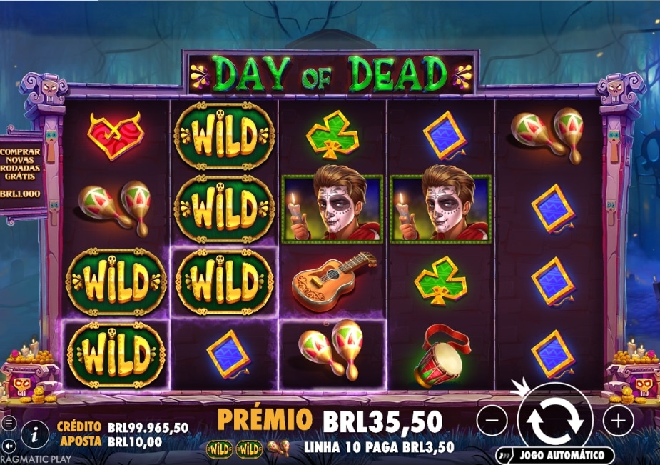 Tela do slot Day of Dead por Pragmatic Play com símbolos WILD, maracas, violão e personagem com maquiagem de caveira.