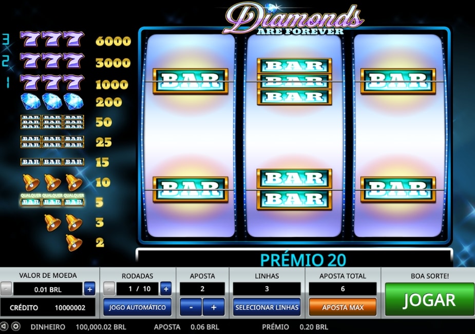 Tela do slot Diamonds are Forever 3 Lines com rolos exibindo símbolos BAR e tabela de pagamentos ao lado.