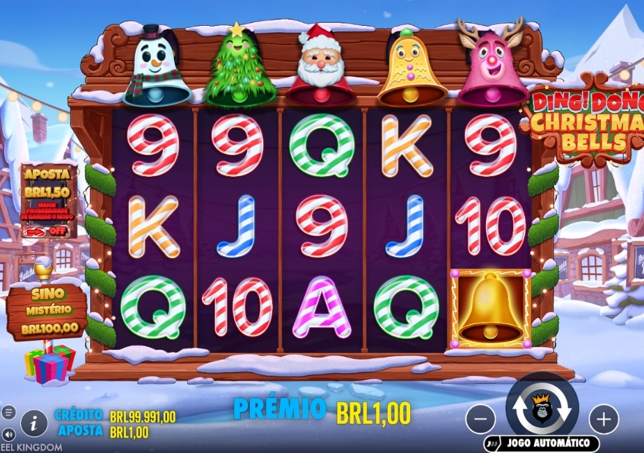 Tela do slot Ding Dong Christmas Bells com tema natalino, sino dourado, símbolos coloridos e vila nevada ao fundo.