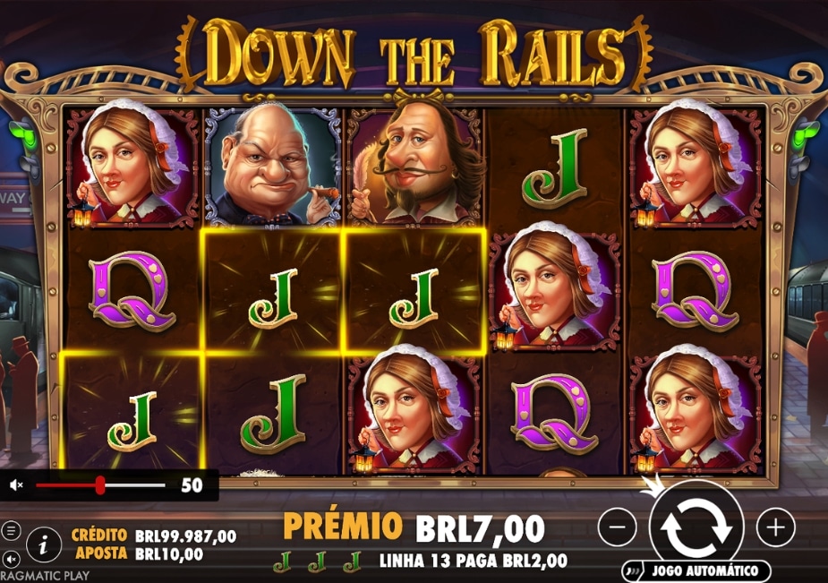 Tela do slot Down the Rails por Pragmatic Play com símbolos de personagens vitorianos, letras e combinação vencedora nos rolos.