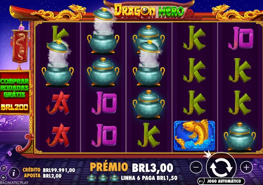 Tela do slot Dragon Hero por Pragmatic Play com tema asiático, símbolos de letras, caldeirões, peixe dourado e dragões no topo.