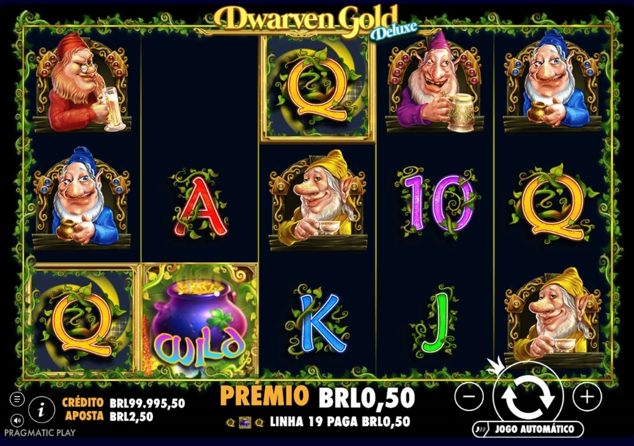 Tela do slot Dwarven Gold Deluxe com anões, WILD, letras coloridas e prêmio em reais.