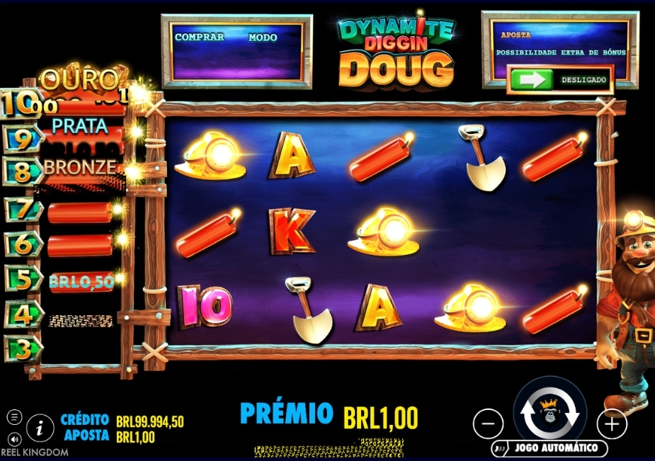 Tela do slot Dynamite Diggin Doug com símbolos de mineração, dinamite e prêmio em reais.