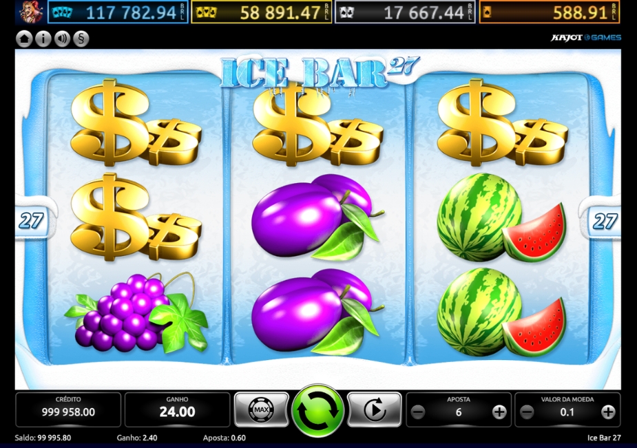 Tela do slot Ice Bar 27 da Kajot Games com símbolos de frutas, cifrões dourados e visual gelado.