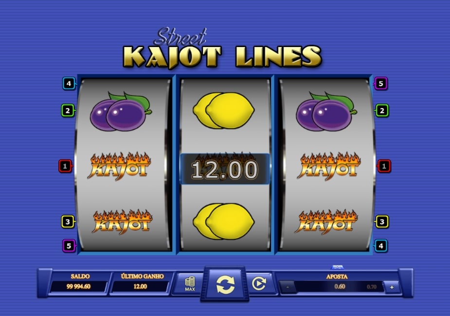 Tela do slot Kajot Lines Street da Kajot Games com símbolos de ameixas, limões, KAJOT e linhas de pagamento nos rolos.