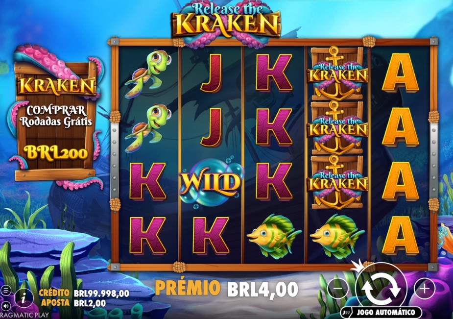Tela do slot Release the Kraken por Pragmatic Play com tema subaquático, símbolo WILD, tubarão, tartaruga, peixes e letras nos rolos.
