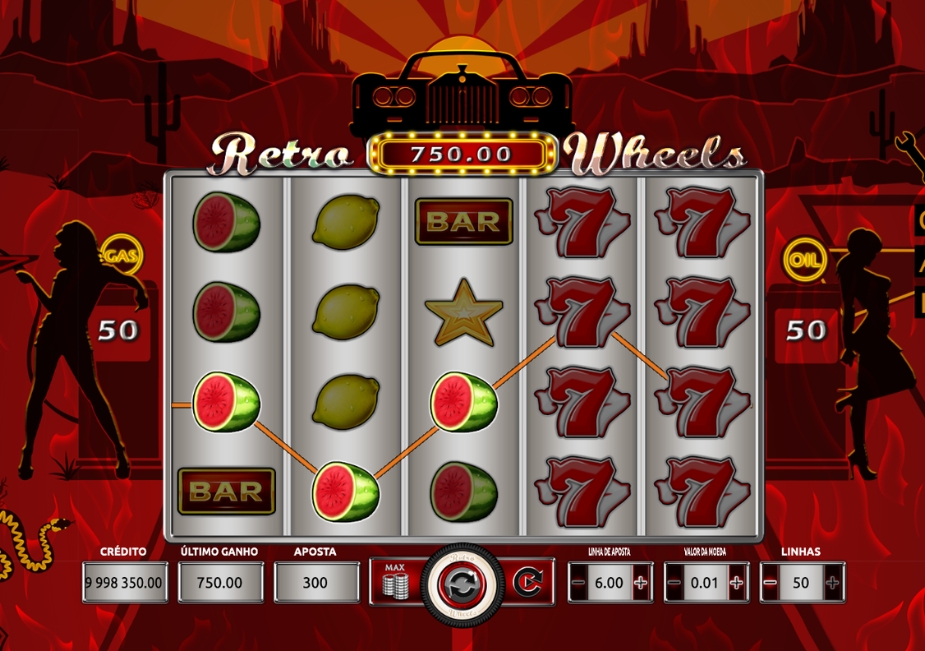 Tela do slot Retro Wheels com símbolos de frutas, BAR, números 7 e visual retrô inspirado em posto de gasolina.