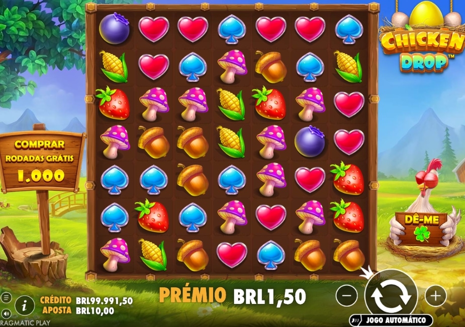 Tela do slot Chicken Drop mostrando uma grade com símbolos de frutas, cogumelos, milho, corações e naipes, com prêmio de BRL1,50 na rodada.