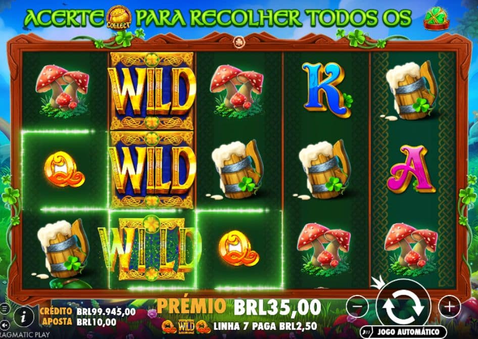 Tela do slot Clover Gold com símbolos Wild, prêmio e interface em português.