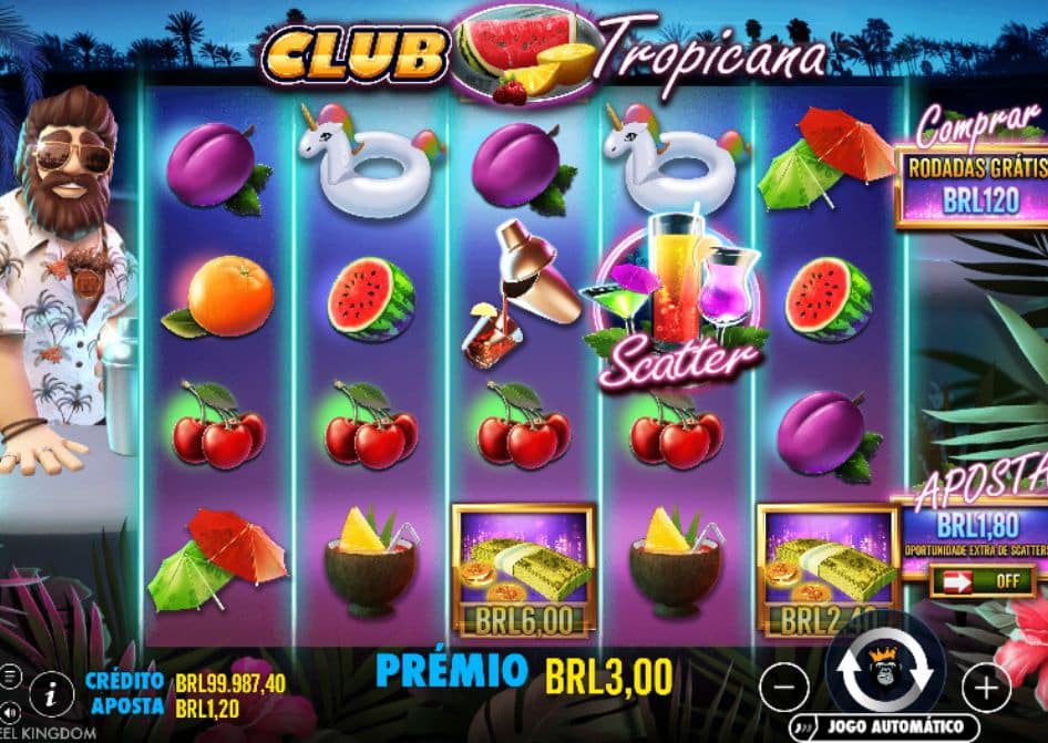 Tela do slot Club Tropicana com símbolos tropicais, Scatter e interface em português.