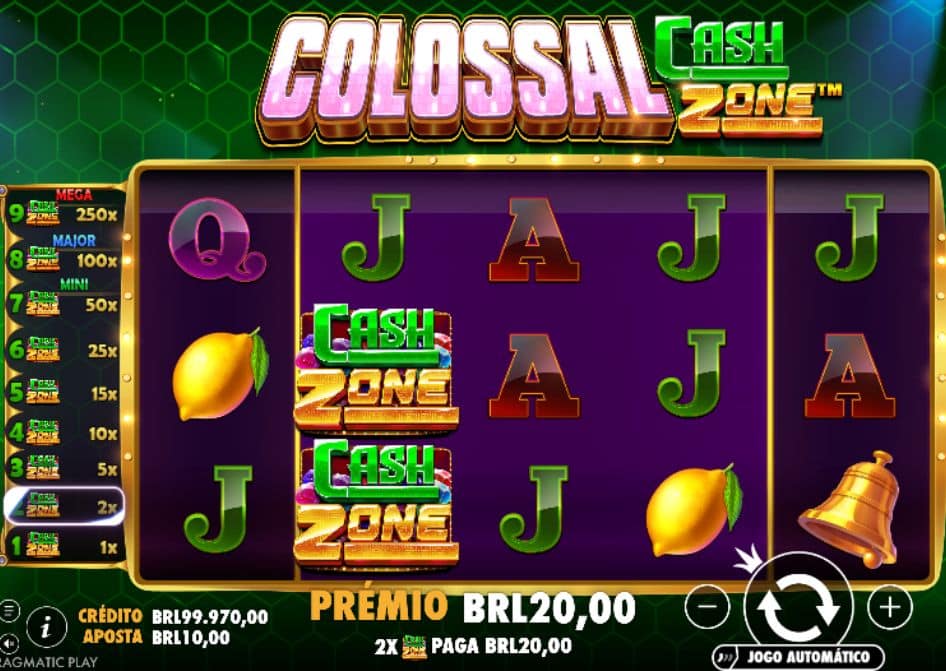 Tela do slot Colossal Cash Zone com símbolos Cash Zone, prêmio e interface em português.