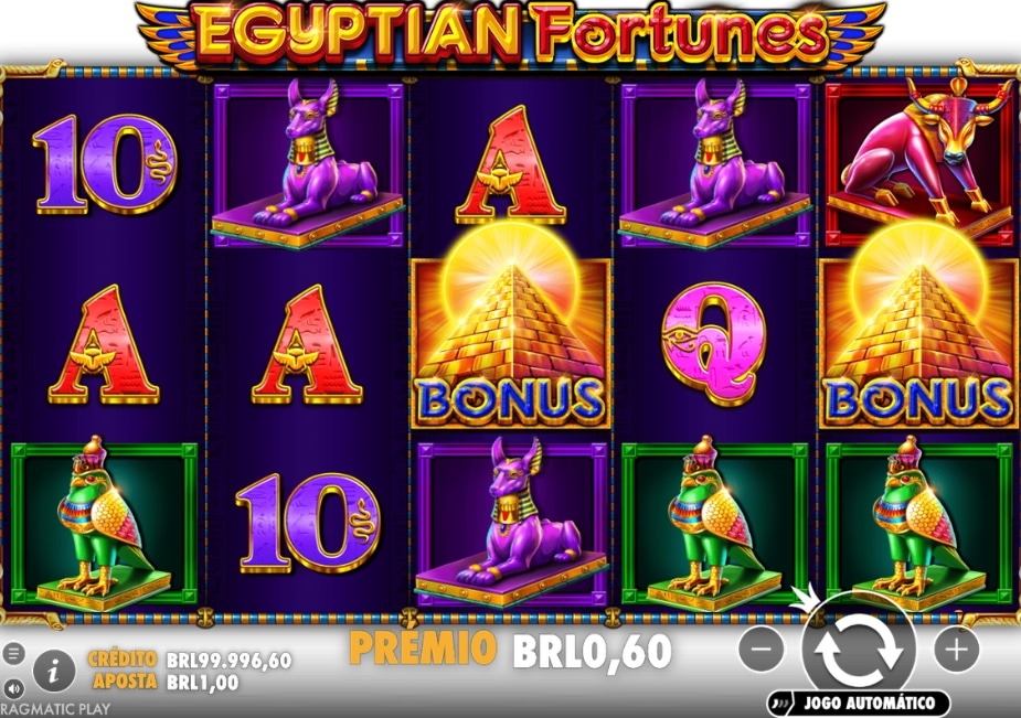 Tela do slot Egyptian Fortunes com símbolos egípcios, bônus e prêmio em reais.