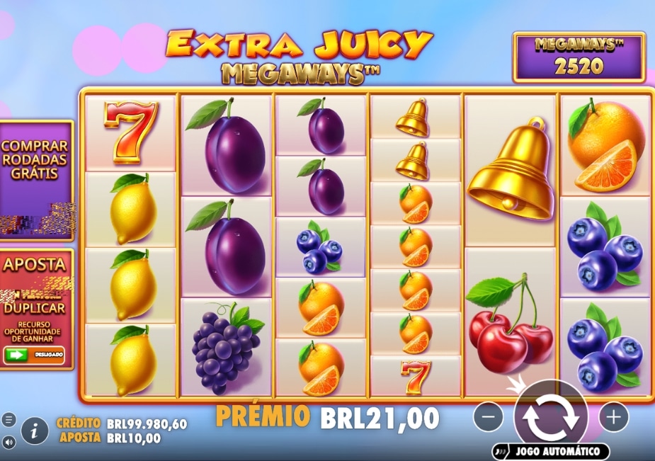 Tela do slot Extra Juicy Megaways com frutas, sinos, setes, Megaways e prêmio em reais.
