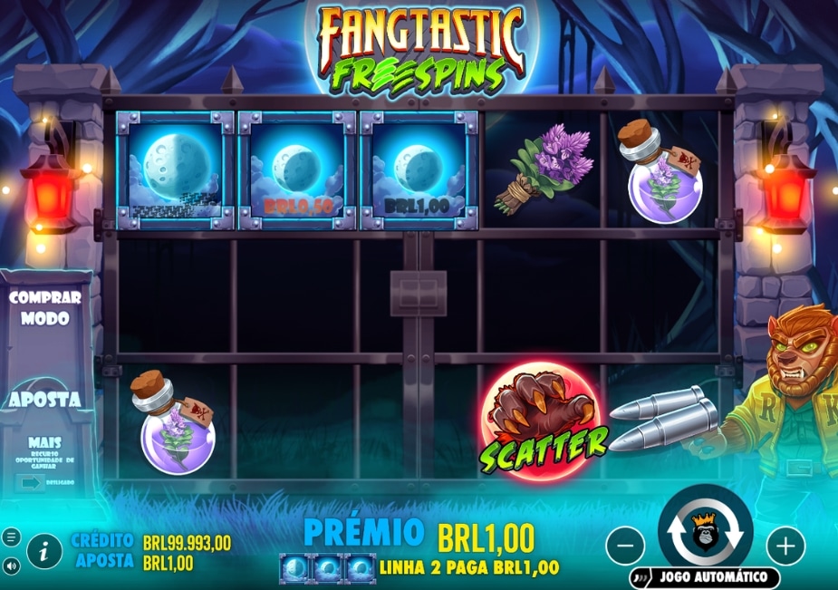 Tela do slot Fangtastic Freespins com símbolos sombrios, Scatter, lua cheia e prêmio em reais.