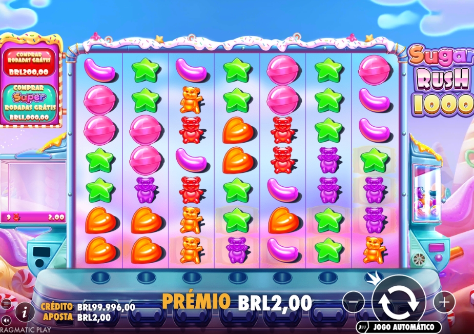 Tela do slot Sugar Rush 1000 da Pragmatic Play com símbolos de doces coloridos, ursinhos de goma, opção Comprar Rodadas Grátis e prêmio em BRL.