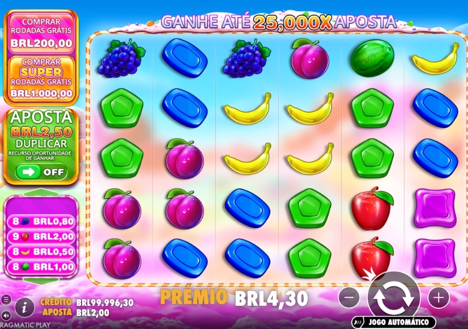 Tela do slot Sweet Bonanza 1000 por Pragmatic Play com frutas, doces coloridos, opção de comprar Rodadas Grátis e símbolo de Ante Bet.
