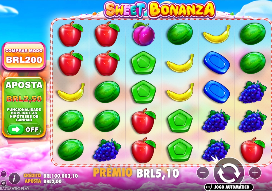 Tela do slot Sweet Bonanza da Pragmatic Play com símbolos de frutas coloridas, opção Comprar Modo e prêmio em BRL.