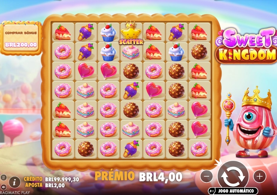 Tela do jogo Sweet Kingdom mostrando rolos com doces, símbolo Scatter, prêmio em BRL e botão de Comprar Bônus