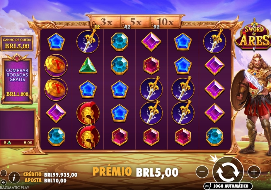 Tela do slot Sword of Ares da Pragmatic Play com símbolos de gemas, capacetes, espadas, multiplicadores e botão Comprar Rodadas Grátis.
