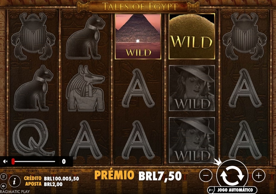 Tela do slot Tales of Egypt da Pragmatic Play com símbolos egípcios, ícones WILD e prêmio em BRL.