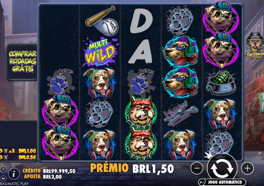 Tela do slot The Big Dawgs da Pragmatic Play com símbolos de cachorros, Multi Wild, itens urbanos e botão Comprar Rodadas Grátis.